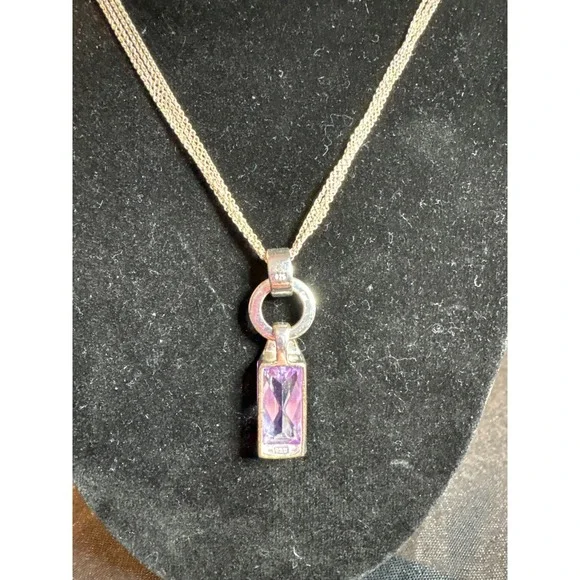 Sterling Silver Italy Rectangle Amethyst Pendant Necklace‎ Chain - Picture 2 of 4